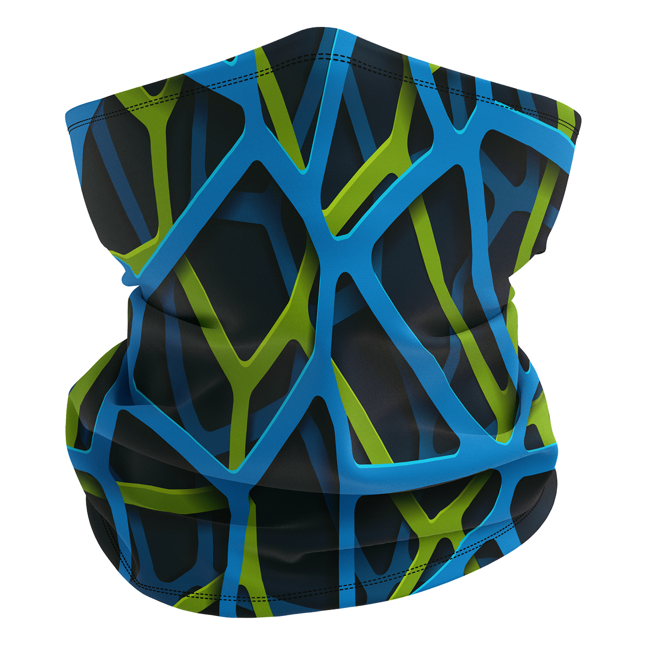 “Blue 3D Neck Gaiter” Description: A custom-designed 3D neck gaiter made from 100% polyester fabric. Soft, lightweight, and breathable. Provides sun protection and moisture management. Anti-microbial properties keep it fresh wear after wear. Seamless design for comfort. Can be worn in over 10 different ways.