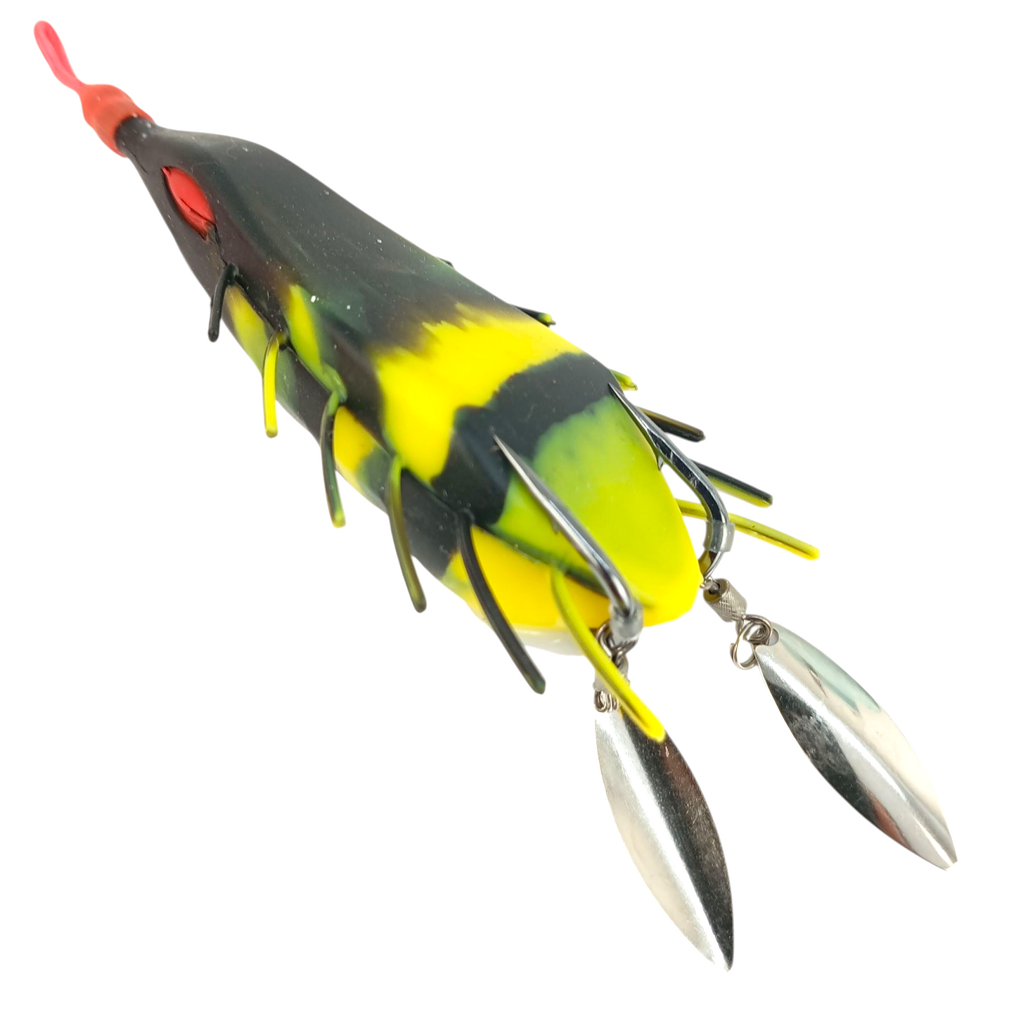 Long Costing Spinner Frog Lure 26gms-90mm Black Yellow Close Close Up Image