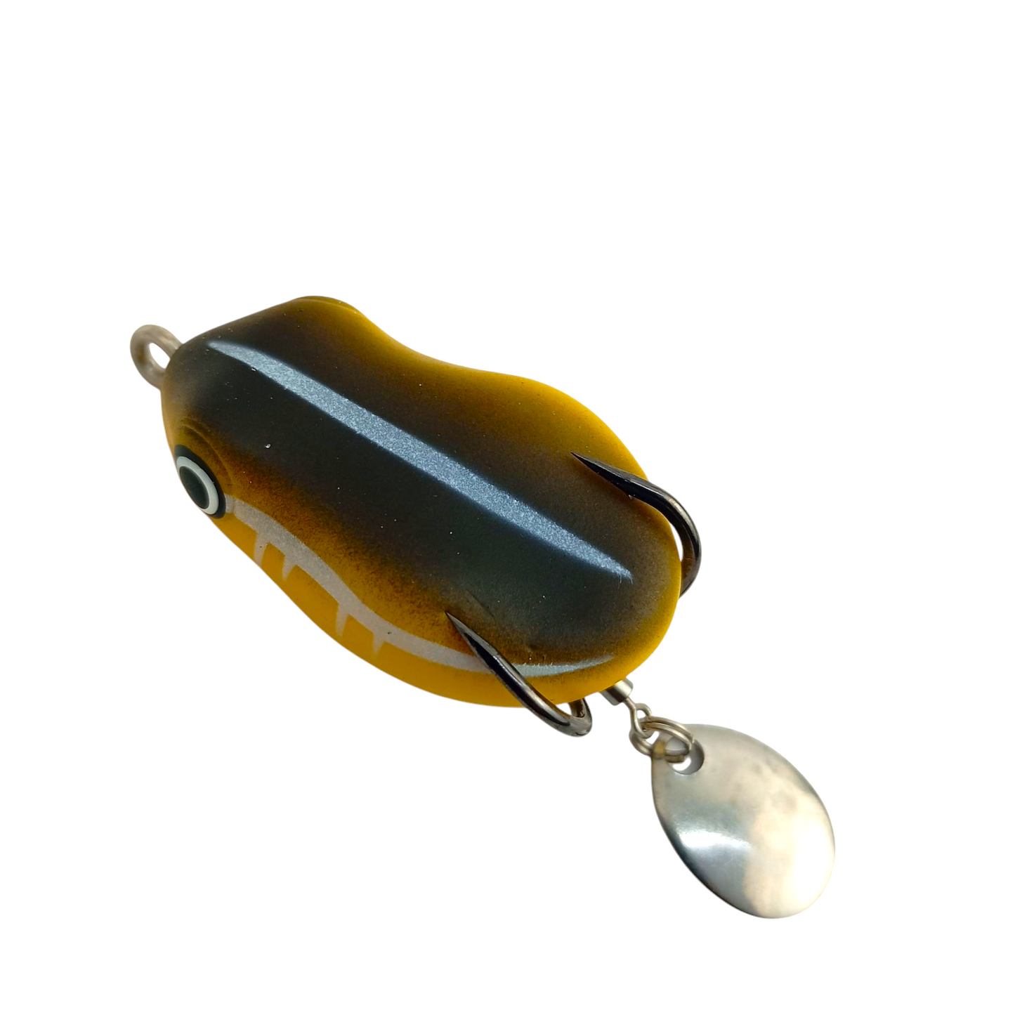 Morizo Mini Spinner Frog Lure 8.5gms 4.5cm Yellow Black White Line Close Up Image