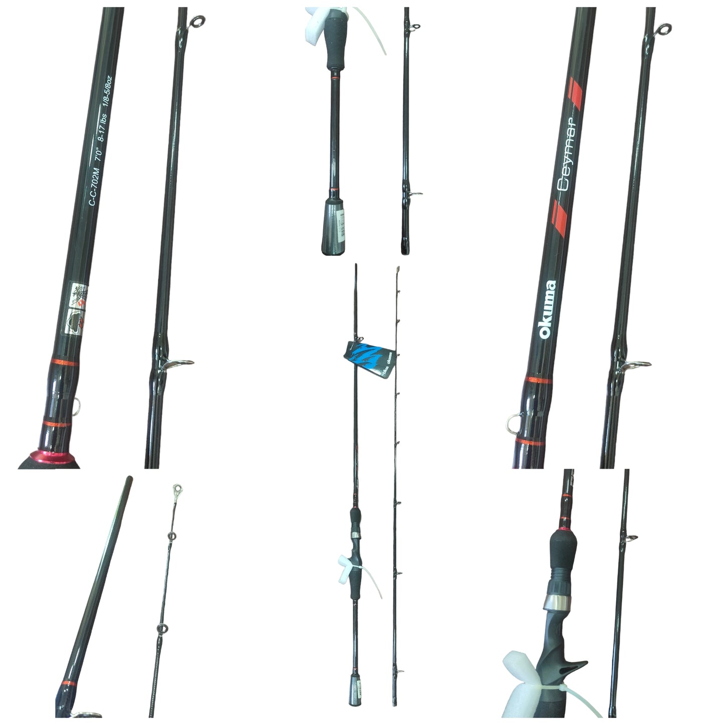 Multiple images collage Okuma Ceymar Baitcasting Fishing Riod 7Ft/3.5-17gms/8-17 lb