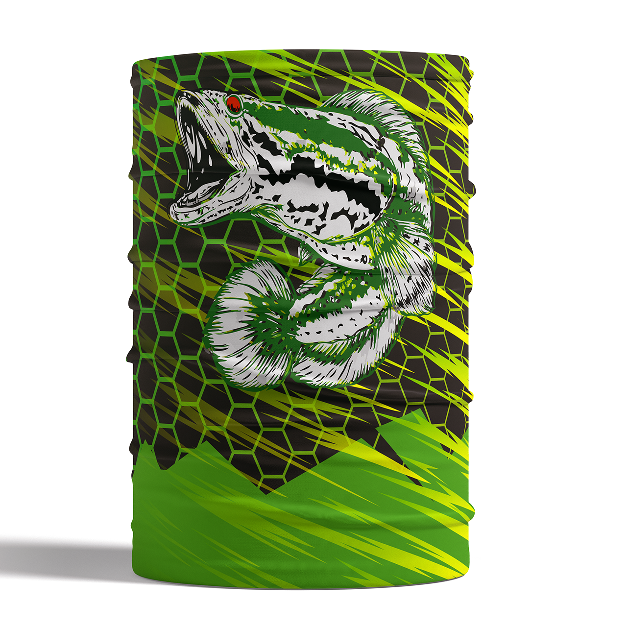 “Green and Yellow Snakehead Neck Gaiter - Adventure Gear” Keywords: Green, yellow, snakehead, neck gaiter, adventure gear, sun protection. Description: Channel your inner predator with this green and yellow snakehead neck gaiter. Crafted from 100% 2-way stretchable polyester fabric, it’s perfect for fishing, hiking, or embracing the wild. Stay dry with moisture-wicking properties and enjoy sun protection. The honeycomb pattern adds a touch of danger, just like the snakehead’s strike!