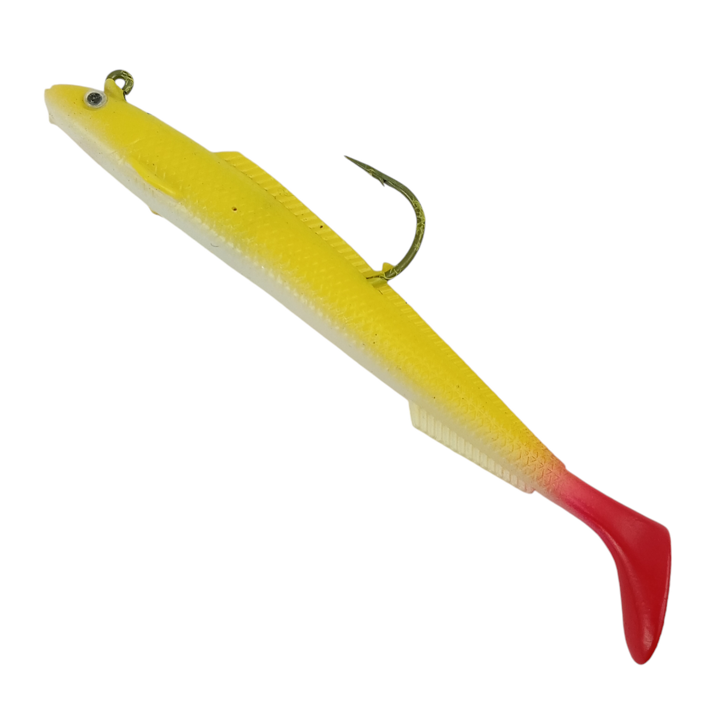 Soft Rubber Lure With Lead 15Cm 30gms Yellow Red Close Up Image