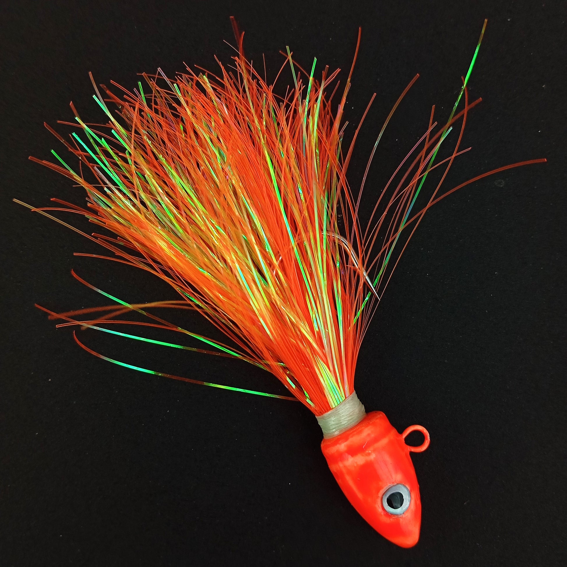 Bucktail Jig Hand Made Weight 45gms 6cm 5-0 Hooks Orange Close Up Image