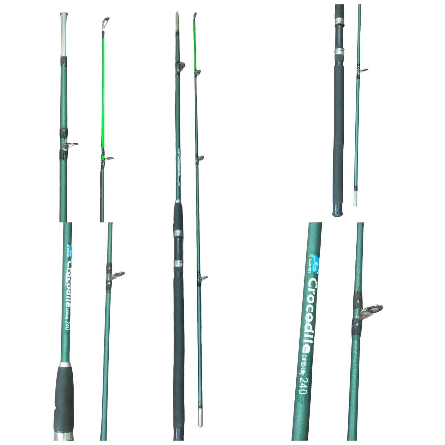 Etovel Crocodile Soild Glass Spinning Fishing Rod  8Ft - butt and rod holder - multiple angle views