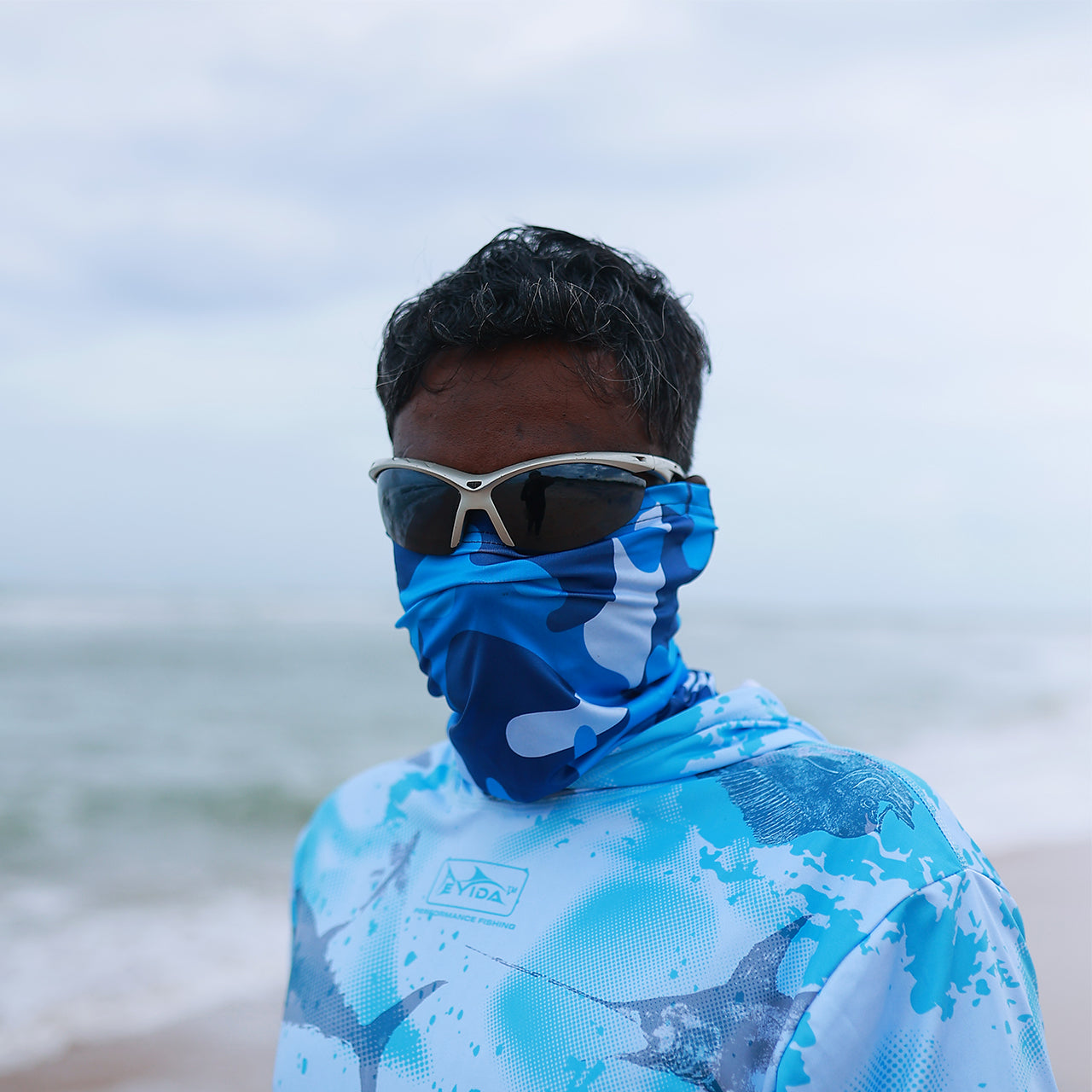 Eyida Blue Camo UPF50 Neck Gaiter Hanish Close Up View