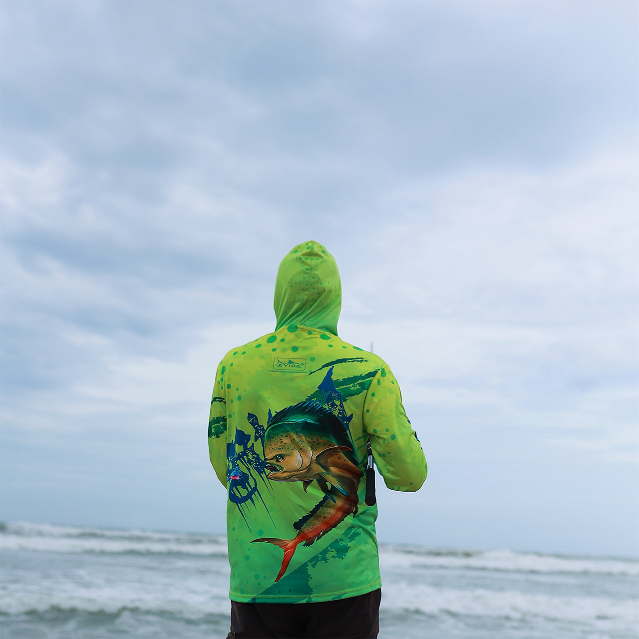 Eyida Mahi Reaper UPF_50_ Hooded Performance Fishing T-Shirt Hanish Standing Back View Full Hoodie