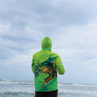 Eyida Mahi Reaper UPF_50_ Hooded Performance Fishing T-Shirt Hanish Standing Back View Full Hoodie