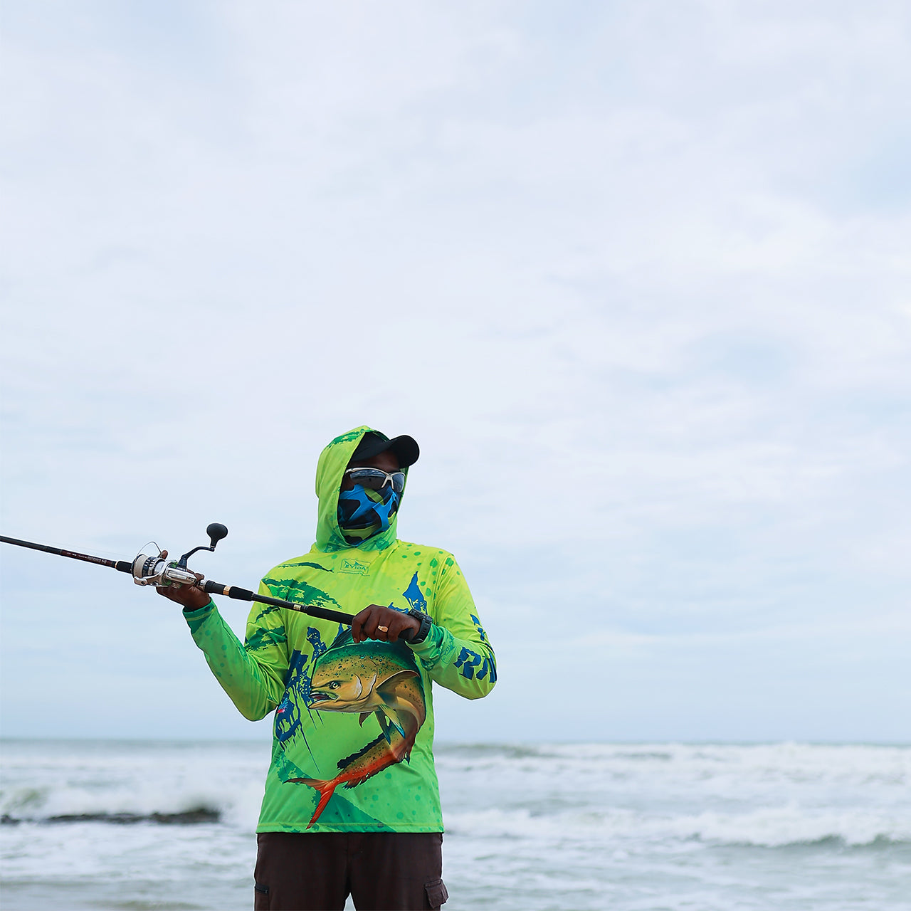 Eyida Mahi Reaper UPF_50_ Hooded Performance Fishing T-Shirt Hanish Stading Front Side View Ready to Cast