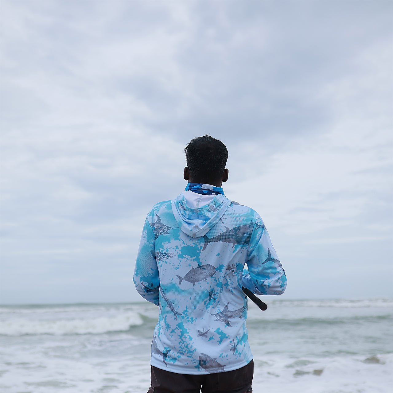Eyida Oceans Mystery UPF_50_ Hooded Performance Fishing T-Shirt Hanish Standing back view hoodie down
