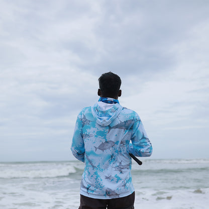 Eyida Oceans Mystery UPF_50_ Hooded Performance Fishing T-Shirt Hanish Standing back view hoodie down
