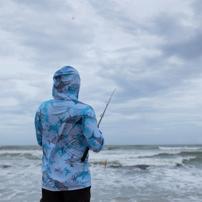 Eyida Oceans Mystery UPF_50_ Hooded Performance Fishing T-Shirt Hanish Standing Back View Hoodie Up