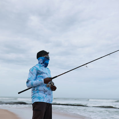 Eyida Oceans Mystery UPF_50_ Hooded Performance Fishing T-Shirt Hanish Standing Front Side Look Image Hoodie Down