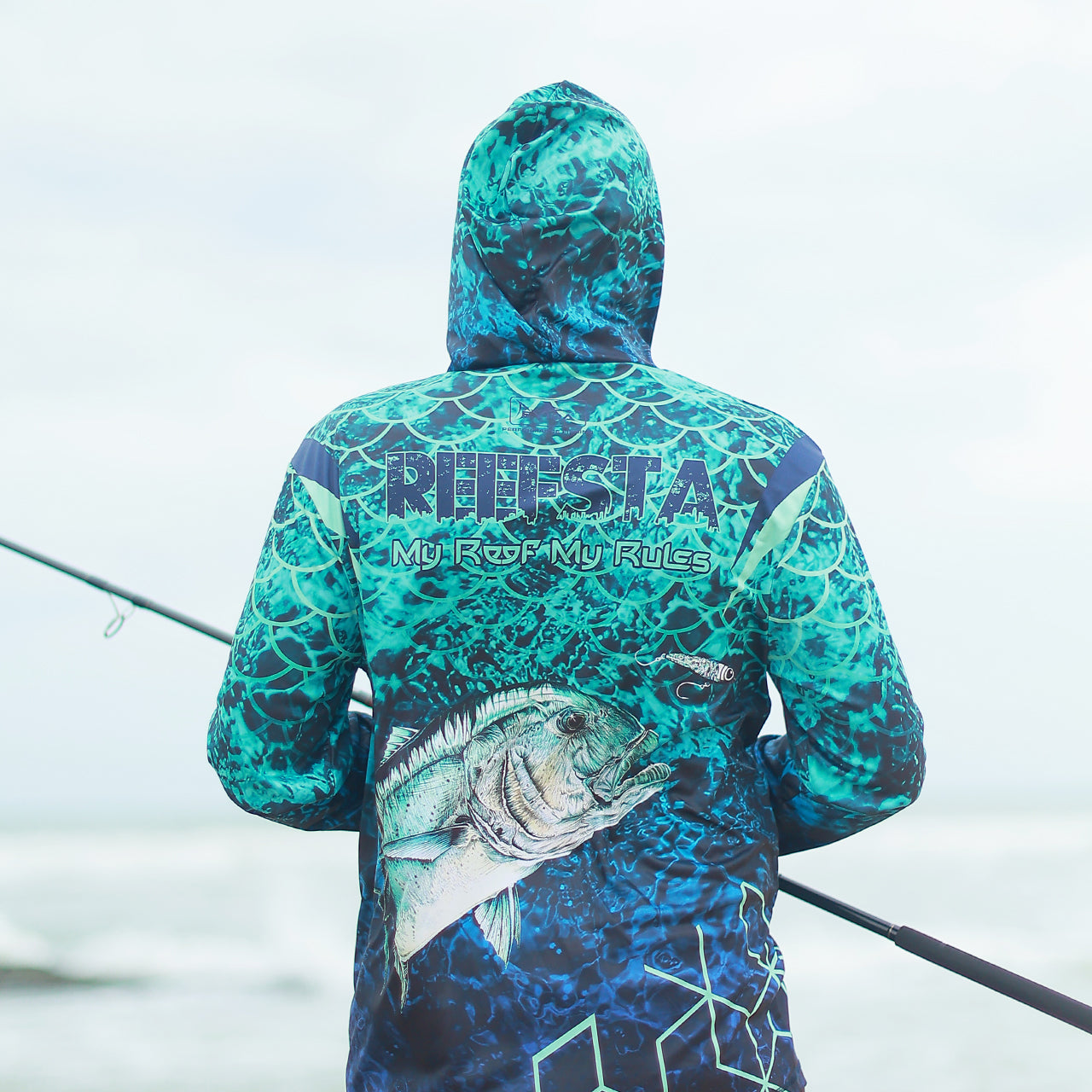 Eyida Reefsta UPF_50_ Hooded Performance Fishing T-Shirt Hanish Standing Back Pose