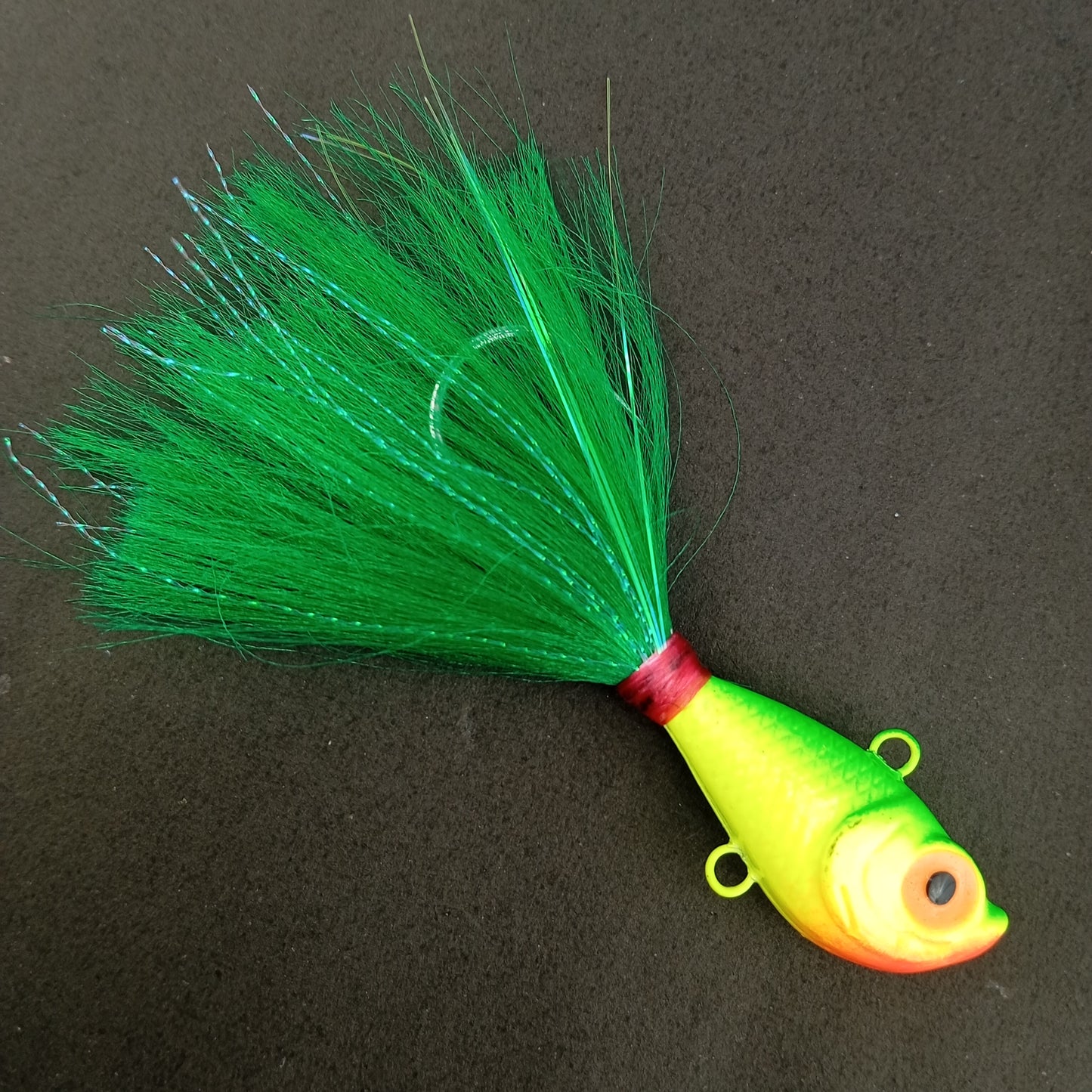 Flyby Bucktail Jig Hand Made 65gms 7.5cm 5-0 Hook Green Head Close Up Image