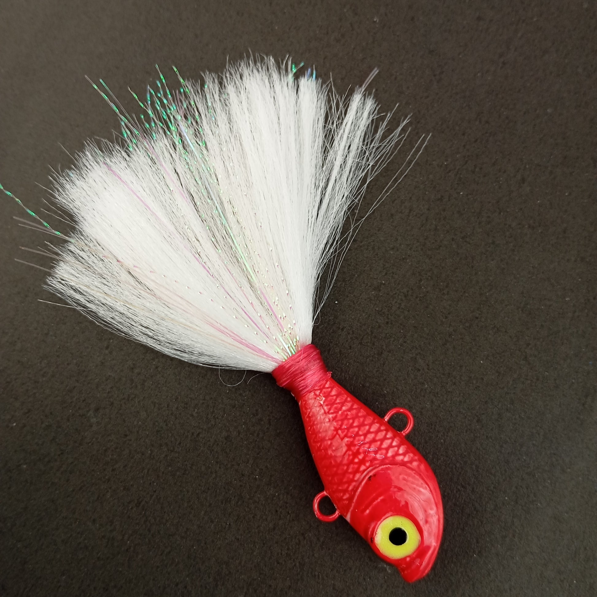 Flyby Bucktail Jig Hand Made 65gms 7.5cm 5-0 Hook Red Head Close Up Image