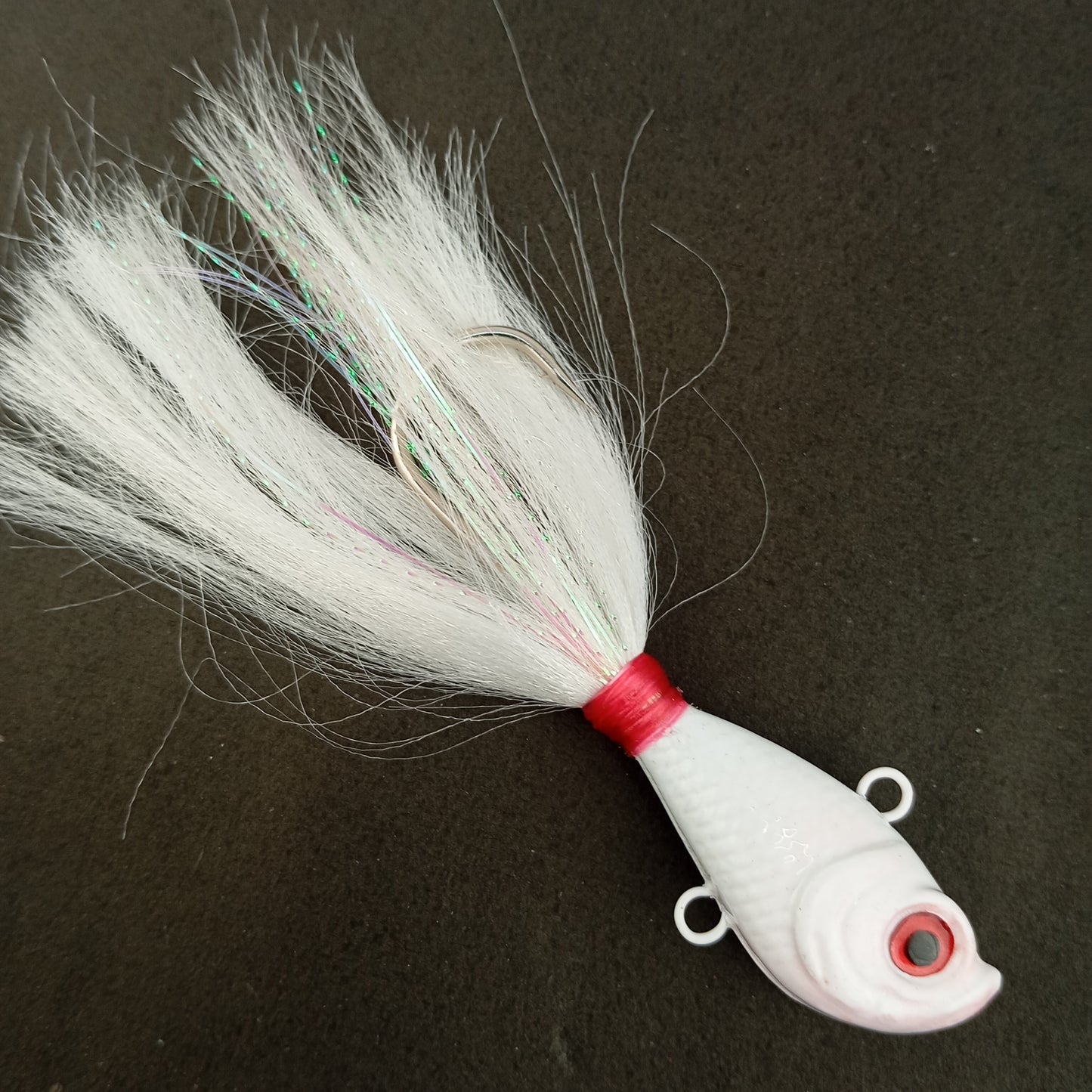 Flyby Bucktail Jig Hand Made 65gms 7.5cm 5-0 Hook White Head Close Up Image