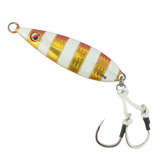 Littma_Jig_Katana_Fall_150gms_Jig_Fishing_Lure_-_Zebra_Red_Gold_Close_Up_Image