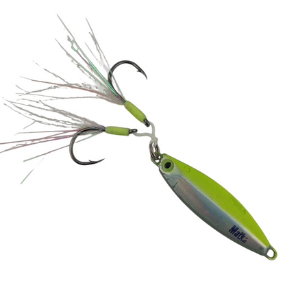 Matka Hand Made Jigs With Dual Glowing Assist Hooks Glowing Eye Design 20gms all Green Glow Color Close Up Image