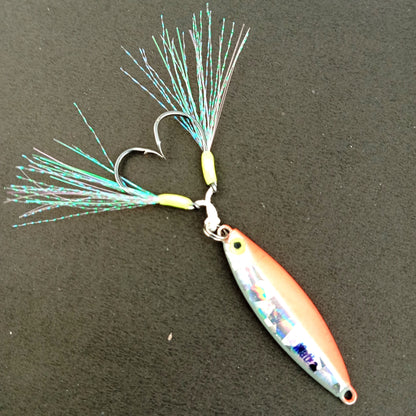 Matka Hand Made Jigs With Dual Glowing Assist Hooks Glowing Eye Design 20gms all Orange Glow Color Close Up Image