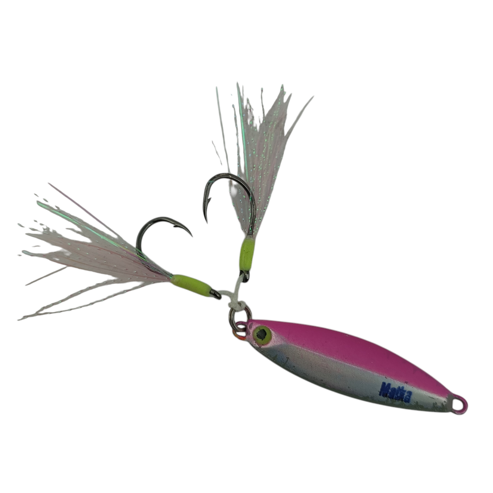 Matka Hand Made Jigs With Dual Glowing Assist Hooks Glowing Eye Design 20gms all Pink Glow Color Close  Image
