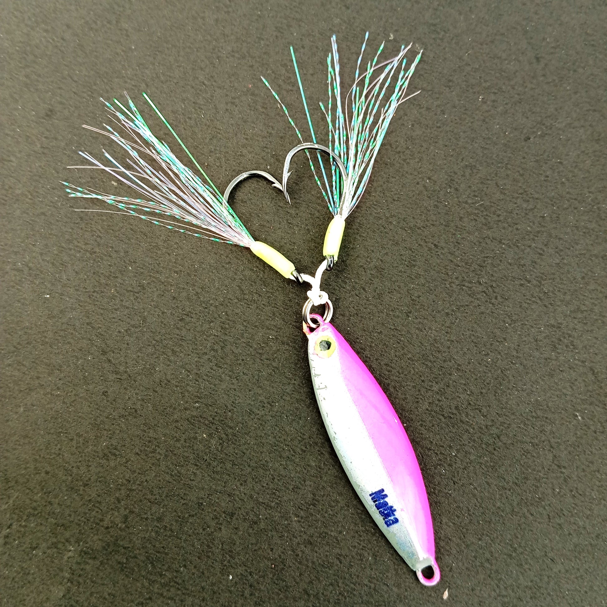 Matka Hand Made Jigs With Dual Glowing Assist Hooks Glowing Eye Design 20gms all Pink Glow Color Close Up Image
