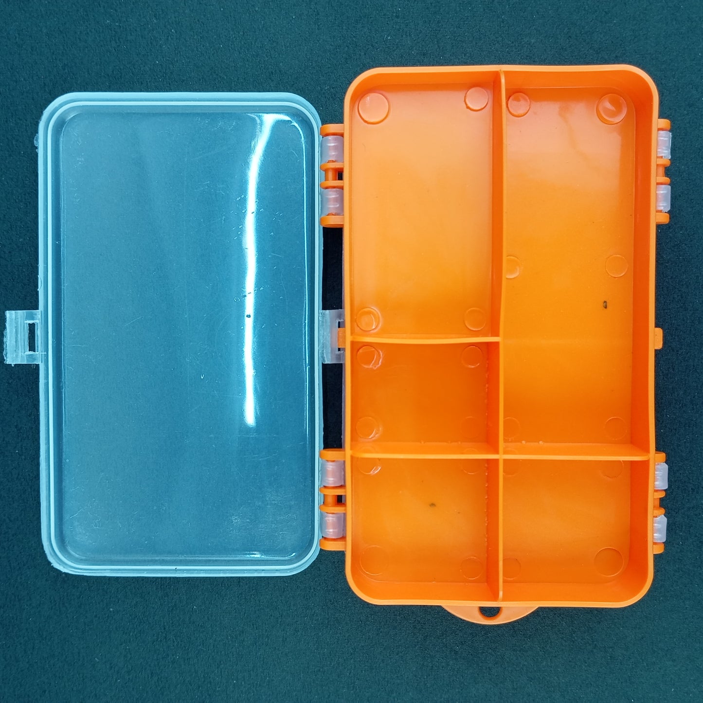 Orange Double Sided Small Fishing Tackle Box Open Close Up Image