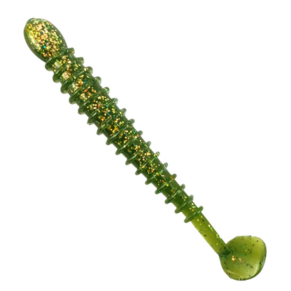 Owner Cultiva Tasty Worm Rock ‘N Bait RB-5Ring Kick Tail  3inch Gold Green Close Up Image