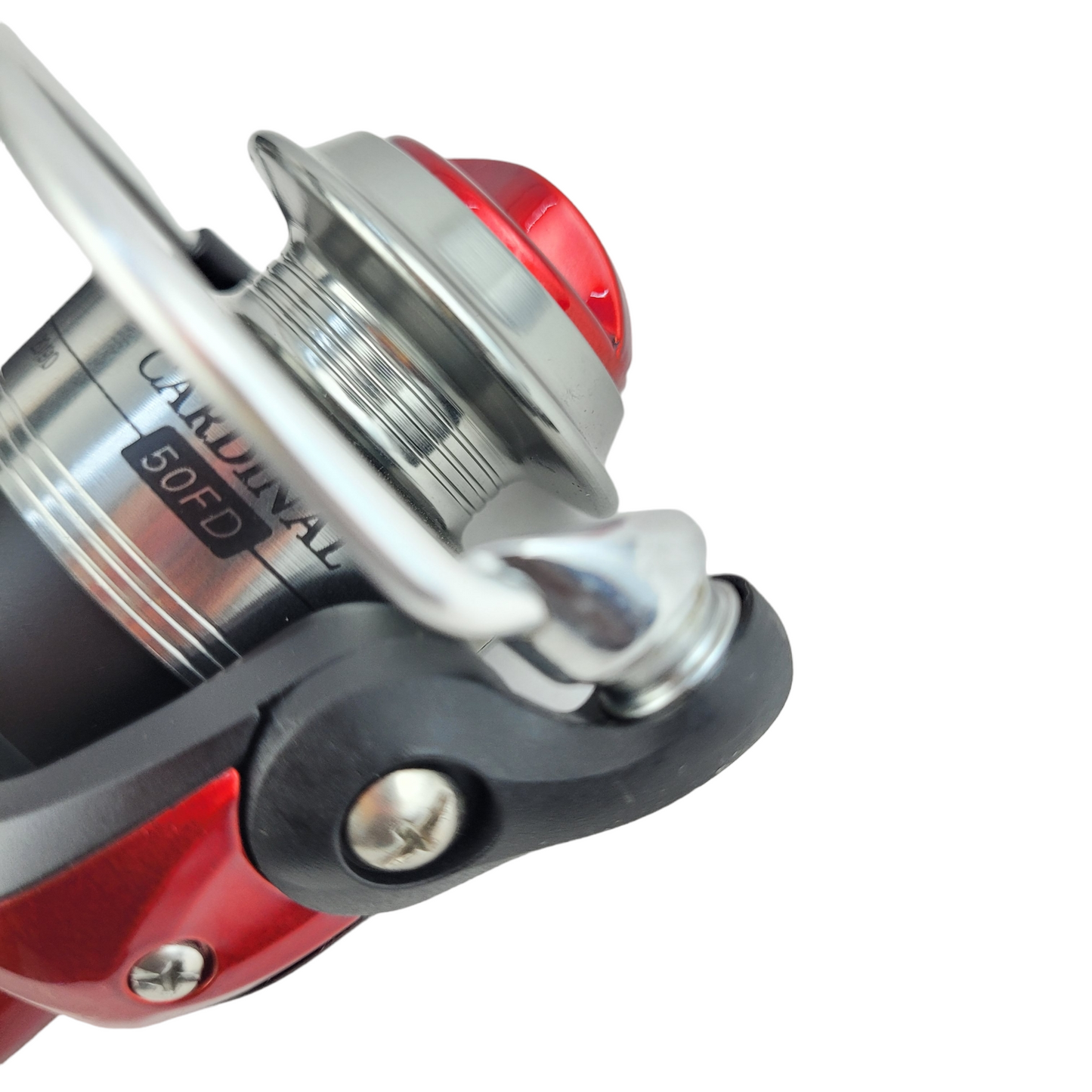 Abu Garcia Cardinal C50FD Ultralight Spinning Fishing Reel Image closeup of sharkfin line roller and bail arm